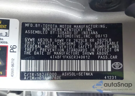 2014 Toyota Camry Le z USA, uszkodzony, nr VIN 4T4BF1FK6ER340812